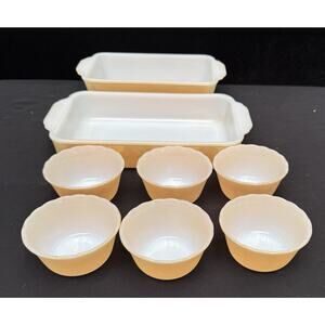 6 Fire King Peach Scalloped Dessert Bowls Condiment & 2 Bakeware Pans -OS5